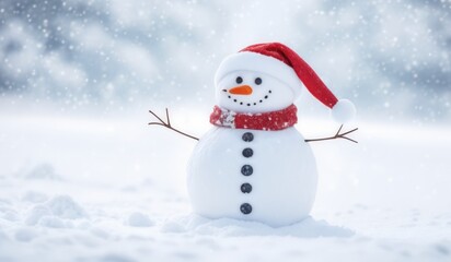 Fototapeta premium snowman with red hat and scarf background snow