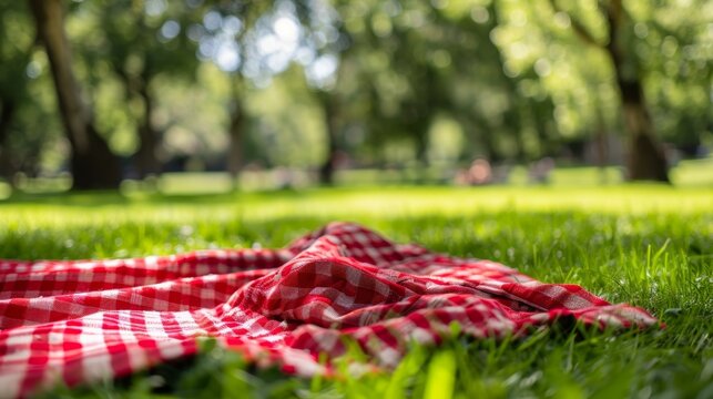 Red picnic blanket spread on lush green grass with towering trees in the distance, creating a blurred backdrop that evokes the ambiance of summer and relaxation.