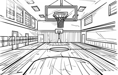 Black and white vector illustration of an indoor basketball court, simple line art drawing style