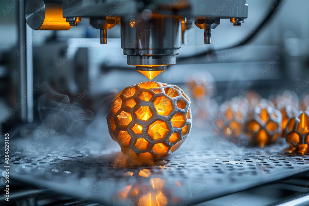 Poster a 3d printer creating a complex geometric structure. concept of advanced manufacturing and prototypi