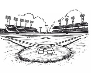 cartoon baseball field with stands and lights, simple line art, coloring book style, black lines white background, no color, no shading 