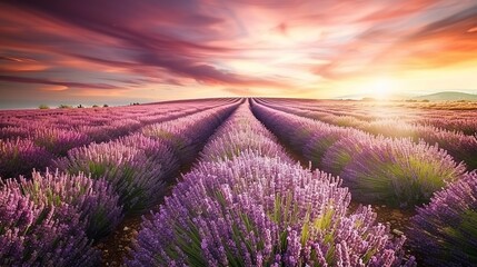 Obraz premium Lavender fields with pink skies, rows of blooming flowers, wide-angle view, sunset glow, peaceful and expansive scene 