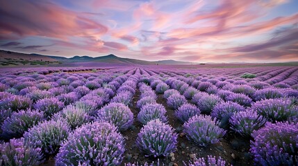 Obraz premium Lavender fields with pink skies, rows of blooming flowers, wide-angle view, sunset glow, peaceful and expansive scene 