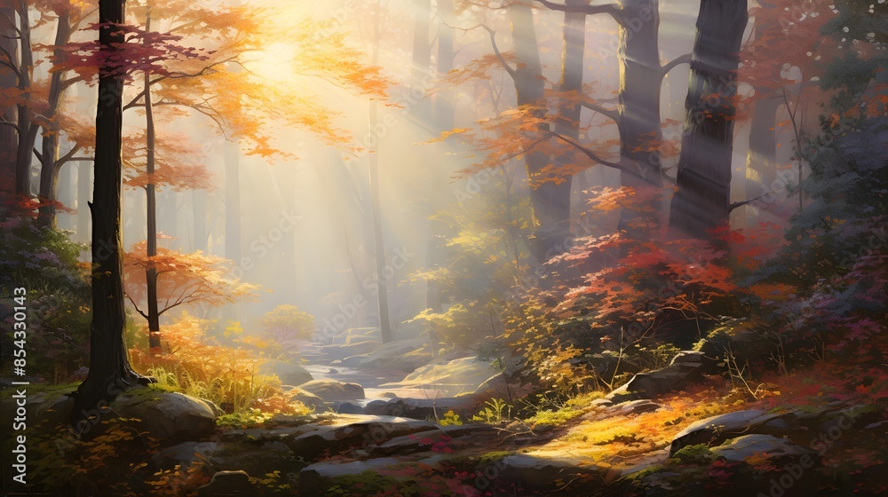 Wall mural autumn forest with sunbeams. panoramic image. - Wall murals