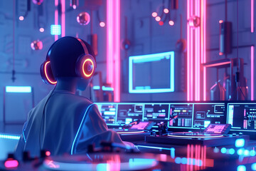 Fototapeta premium Man with headphone control vibrant Digital DJ Booth with Futuristic Neon Lights and holographic. Electric nightclub. Visuals and Immersive Sound Experience