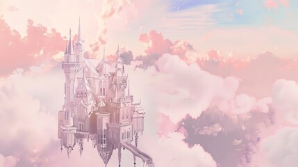 Fantasy castle in the clouds, soft pink hues, high-angle view, ethereal and enchanting, detailed line work 