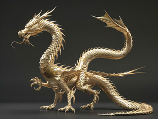 Fototapeta premium Short-legged Golden Chinese Dragon in Profile at 45° Angle