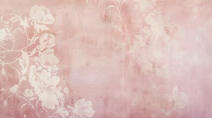 Faded pink wallpaper with delicate floral patterns, low-angle view, distressed texture, nostalgic and elegant