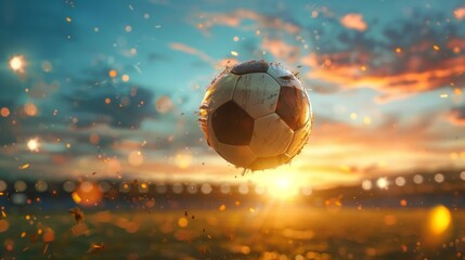 Fototapeta premium A soccer ball is flying through the air, surrounded by a cloud of dust