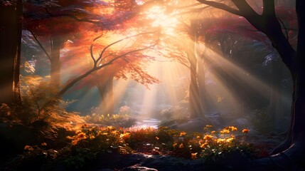 Autumn forest with fog and sunbeams. Panorama.