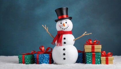 snowman with christmas gift and happy merry christmas