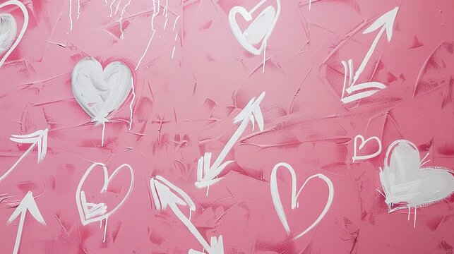 Fototapeta Pastel pink background with graffiti hearts and arrows, mid-angle view, playful and romantic, urban chic 