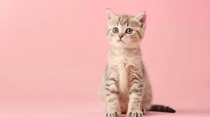 A cute Scottish Fold kitten sitting on a solid pastel background with space above for text