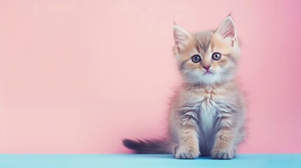 Fototapeta premium A cute British Longhair kitten sitting on a solid pastel background with space above for text