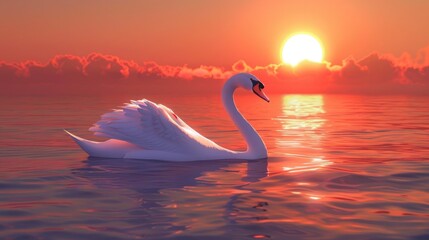 A white swan glides in the ocean s waters under the setting sun