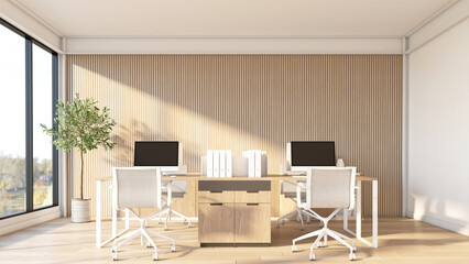 Minimalism style office room with table and chair set, wooden slat wall and built-in wooden cabinet. 3d rendering	