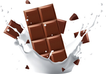 Milk splashing and Chocolate bar splashing in the middle isolated on background, Vector realistic in 3d illustration. Food concepts.Gradient Mesh