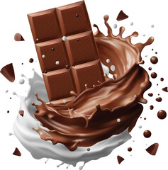 Milk splashing Chocolate liquid and Chocolate bar splashing in the middle isolated on background, Vector realistic in 3d illustration. Food concepts.Gradient Mesh