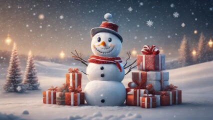 Fototapeta premium snowman with christmas gift and happy merry christmas