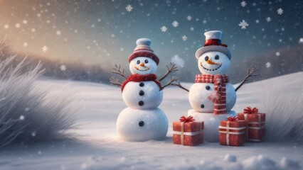 Fototapeta premium snowman with christmas gift and happy merry christmas