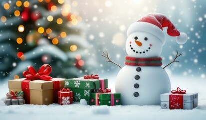 snowman with christmas gift and happy merry christmas