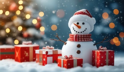 Fototapeta premium merry christmas tree with gifts and snowman. merry. red hat. smile. white. snow. happy. 