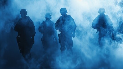 Silhouettes of soldiers emerging through thick smoke, highlighting the tension and readiness of a security or military operation in a foggy, blue-tinged environment.