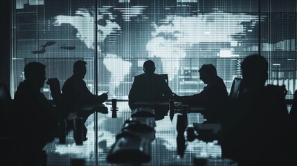 Silhouetted figures of a security team in a high-tech conference room with a large digital world map on the screen, emphasizing a serious strategic meeting or discussion.