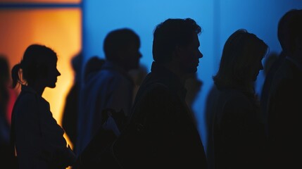 Fototapeta premium Silhouettes of voters standing in line at a polling station, highlighting the democratic process and citizen participation Realistic, Highdefinition, Dynamic