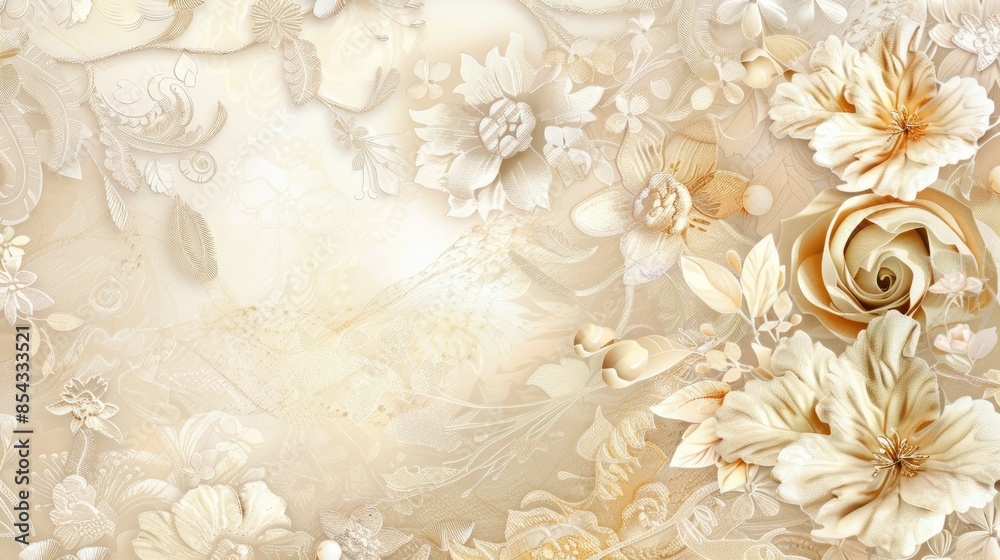 Poster a card featuring ornate calligraphy and intricate floral patterns in a delicate, romantic style.