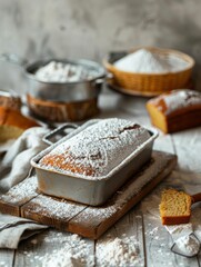 Delicious homemade bread on wooden table with flour and ingredients for baking recipe concept in kitchen environment