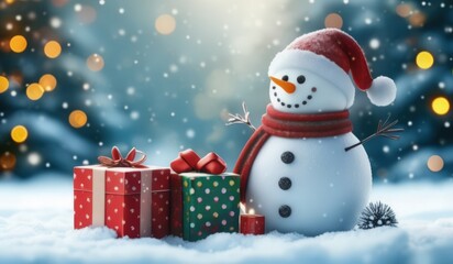 merry christmas tree with gifts and snowman. merry. red hat. smile. white. snow. happy. 