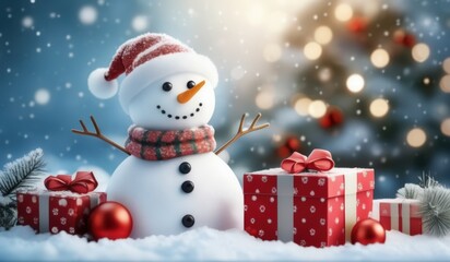 Fototapeta premium merry christmas tree with gifts and snowman. merry. red hat. smile. white. snow. happy. 