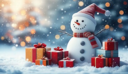 merry christmas tree with gifts and snowman. merry. red hat. smile. white. snow. happy. 