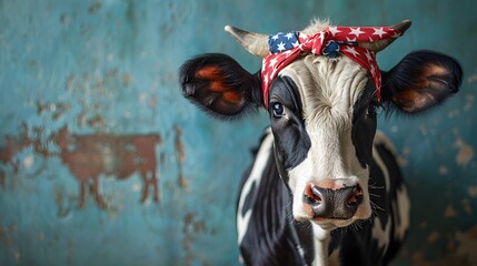 Patriotic Cow Portrait Against Blue Background With Headband Featuring Stars And Stripes, Celebrating American Independence Day