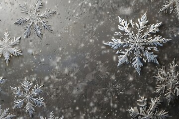 Winter white snowflakes, snow on silver background, Christmas season texture Generative AI