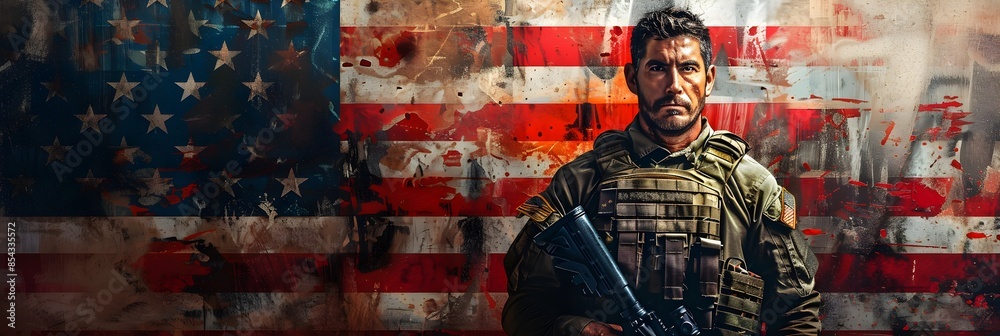 Wall mural a fictional character. proud u.s. veteran celebrating independence day with u.s. flag - Wall murals