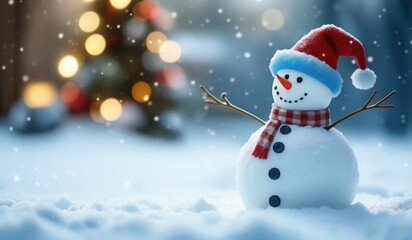 merry christmas tree with gifts and snowman. merry. red hat. smile. white. snow. happy. 
