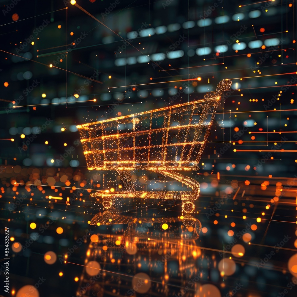 Poster A CGI 3D render of a shopping cart icon with glowing lines of code swirling around it, creating a sense of movement and innovation.