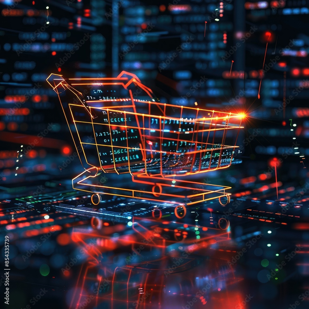 Poster A CGI 3D render of a shopping cart icon with glowing lines of code swirling around it, creating a sense of movement and innovation.