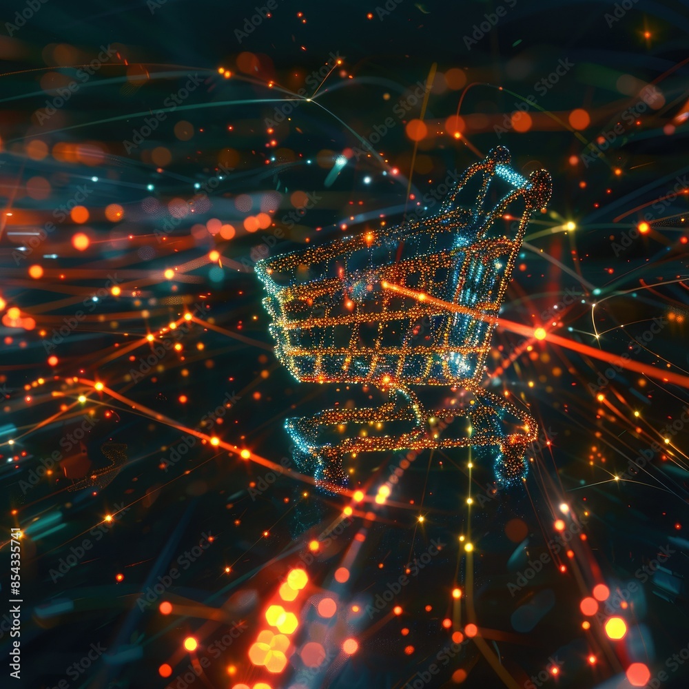 Aufkleber A CGI 3D render of a shopping cart icon with glowing lines of code swirling around it, creating a sense of movement and innovation. 