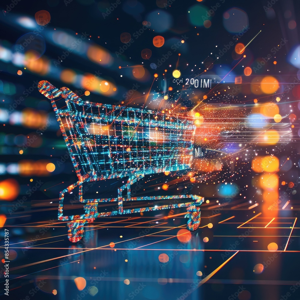 Poster A digital shopping cart icon with pulsating holographic code streaming out of it, set against a dynamic, futuristic background. 