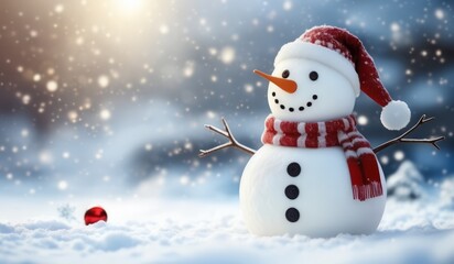 Fototapeta premium merry christmas tree with gifts and snowman. merry. red hat. smile. white. snow. happy. 
