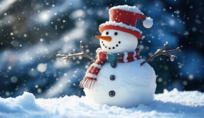 Fototapeta premium merry christmas tree with gifts and snowman. merry. red hat. smile. white. snow. happy. 