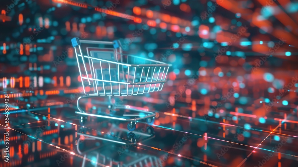 Poster a sleek, high-tech shopping cart icon hovering in front of a grid of holographic code, with a modern