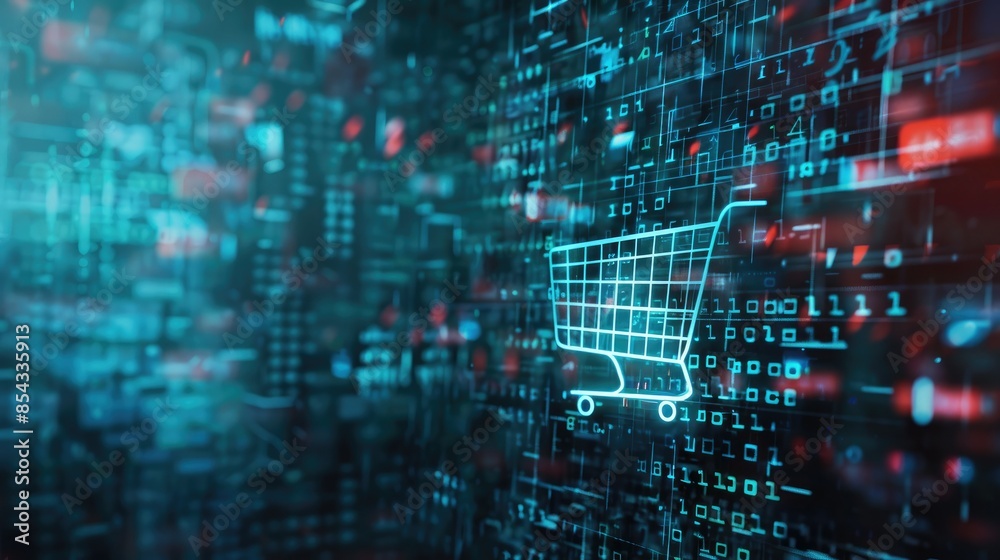 Poster A sleek, high-tech shopping cart icon hovering in front of a grid of holographic code, with a modern and futuristic aesthetic