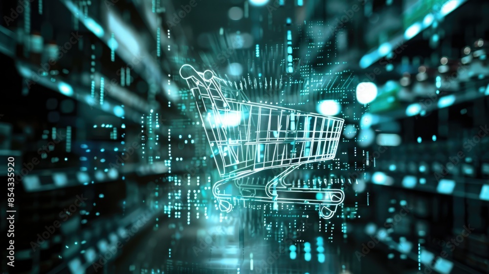 Aufkleber A shopping cart icon projected as a holographic image, with digital code cascading around it in a high-tech setting. 