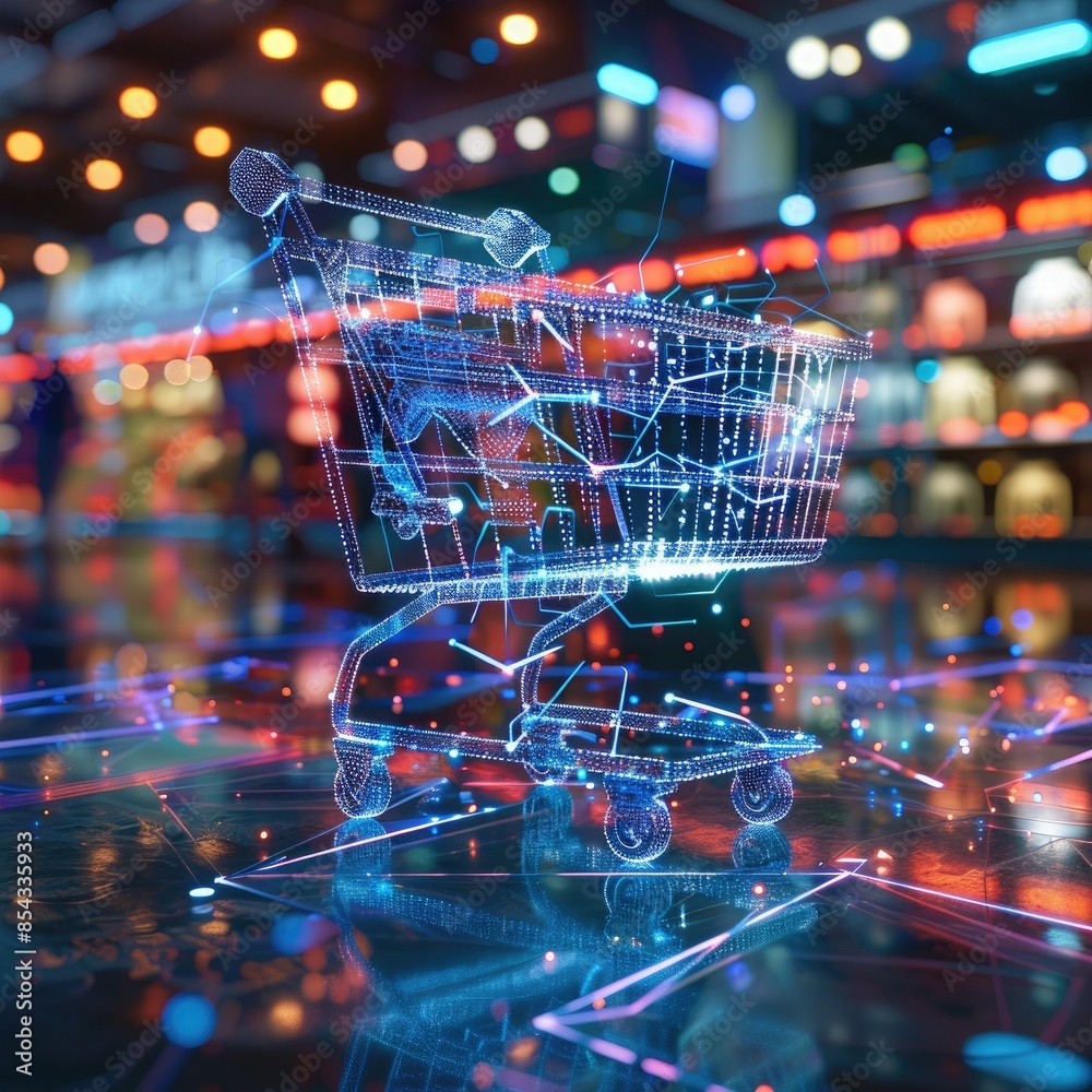 Poster A CGI 3D render of a shopping cart icon with holographic code swirling around it, emphasizing a modern, high-tech shopping experience. 