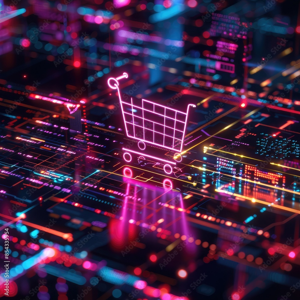 Poster A CGI scene featuring a shopping cart icon glowing in neon colors, surrounded by floating lines of code and data streams. 