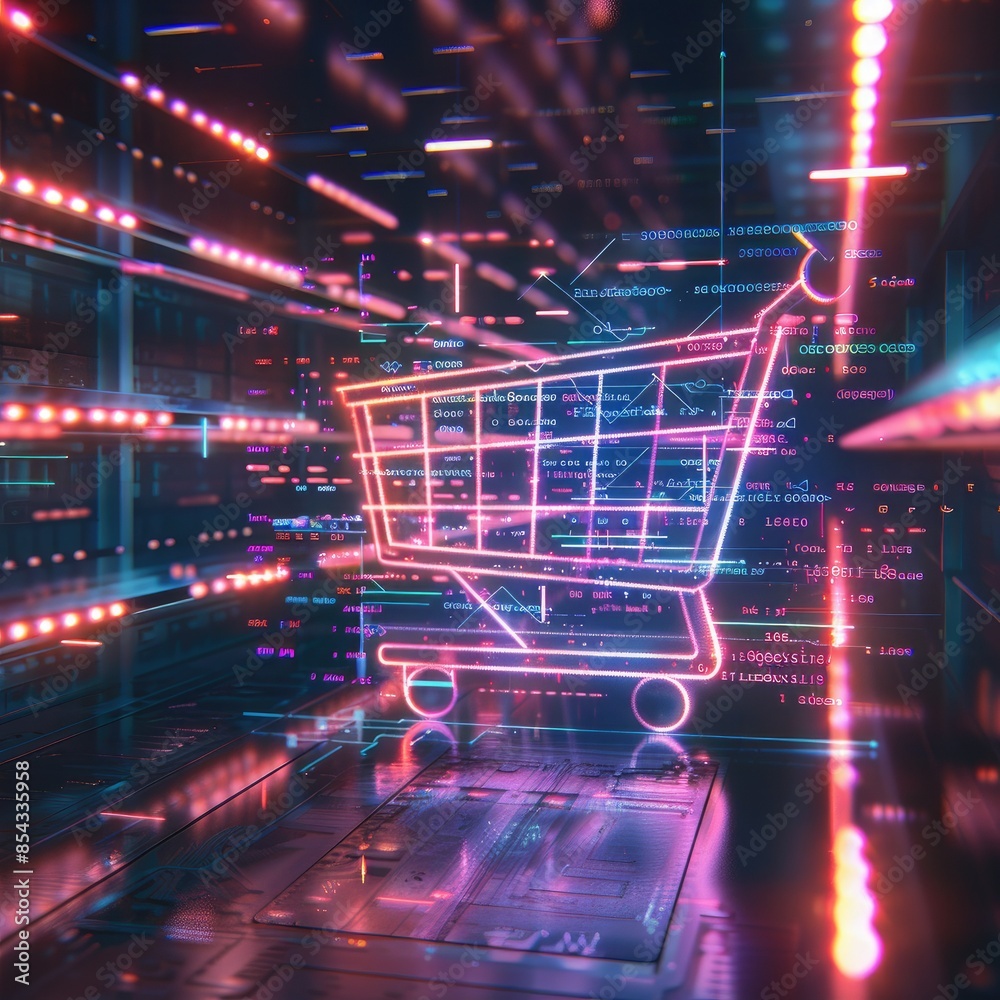 Poster A CGI scene featuring a shopping cart icon glowing in neon colors, surrounded by floating lines of code and data streams. 